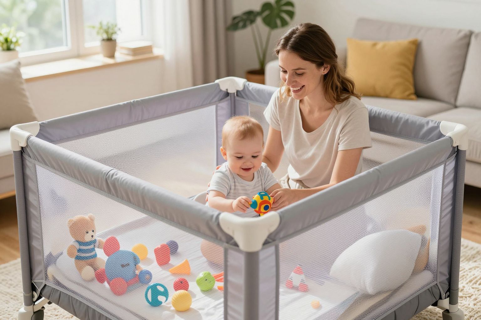 A járóka barátságos berendezése elősegíti a baba fejlődését.