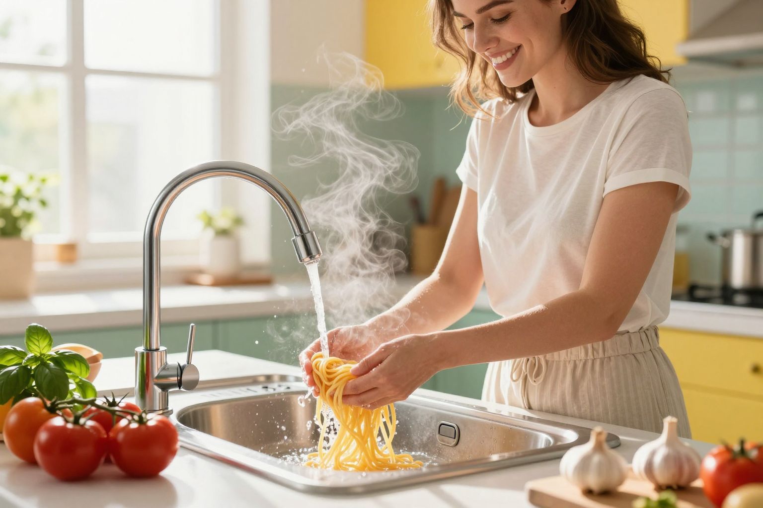 A hideg vizes öblítés megakadályozza a tészta összeragadását.