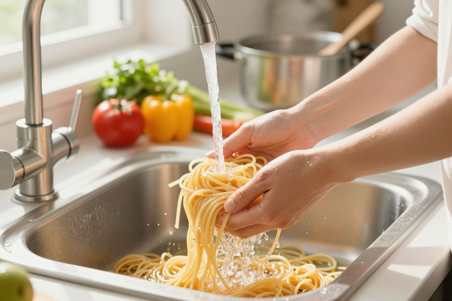 Az öblítés csökkenti a tészta hőmérsékletét és ragacsosságát.