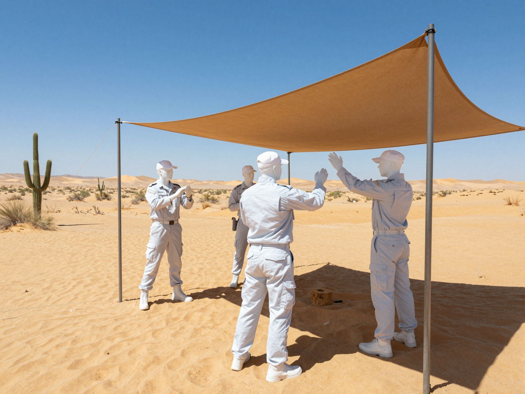 A katonák hűvös víz és árnyék keresésére támaszkodnak.