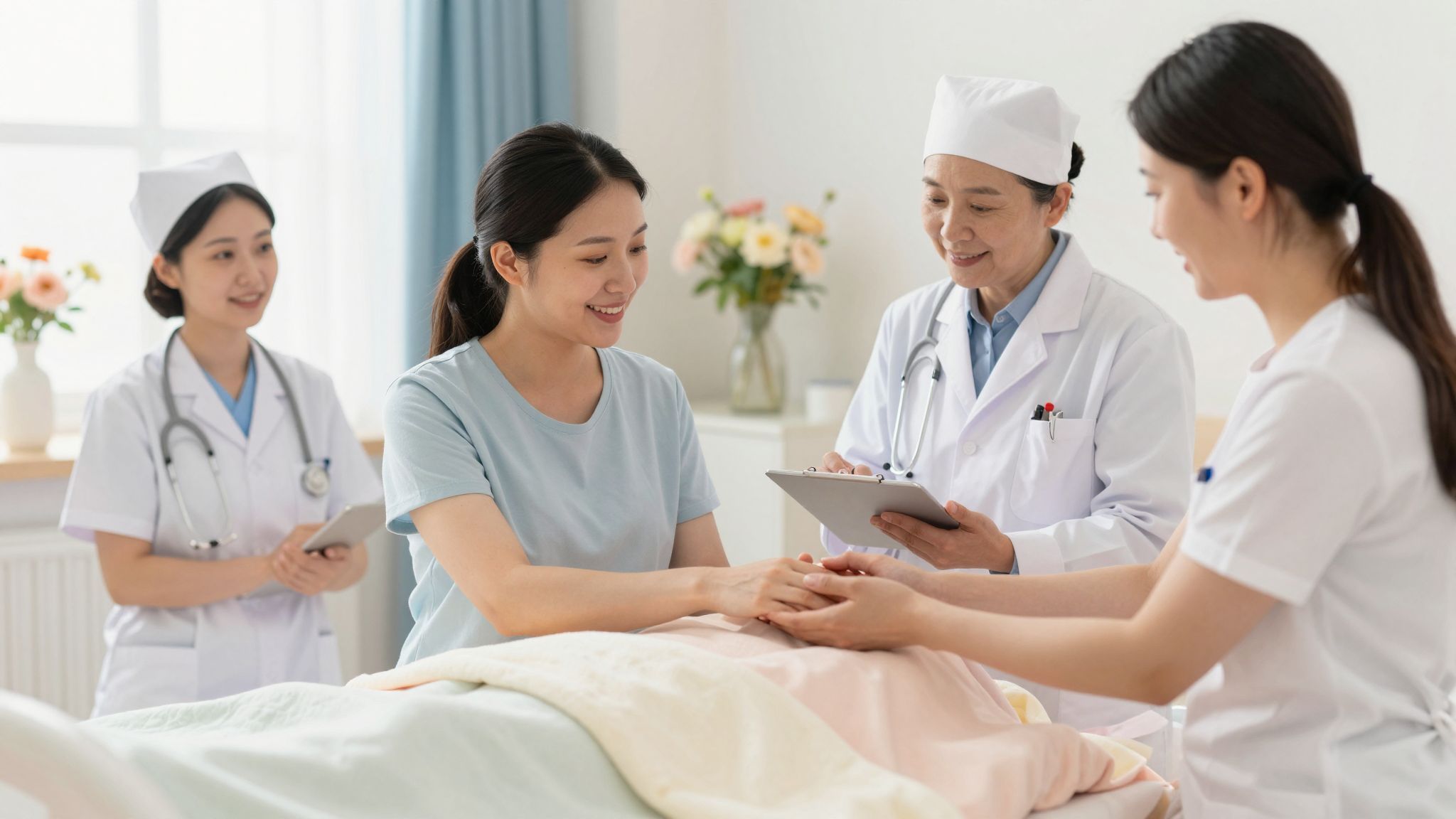 A dúla érzelmi támogatást nyújt a szülés alatt.