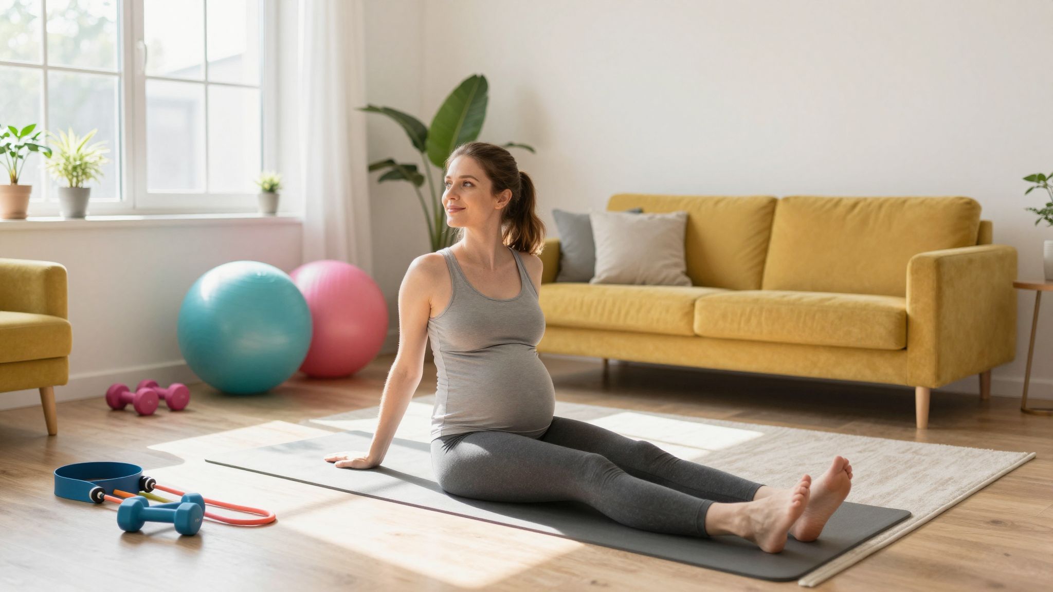 Feszesítő labda és súlyzók segítenek a hatékony edzésben.