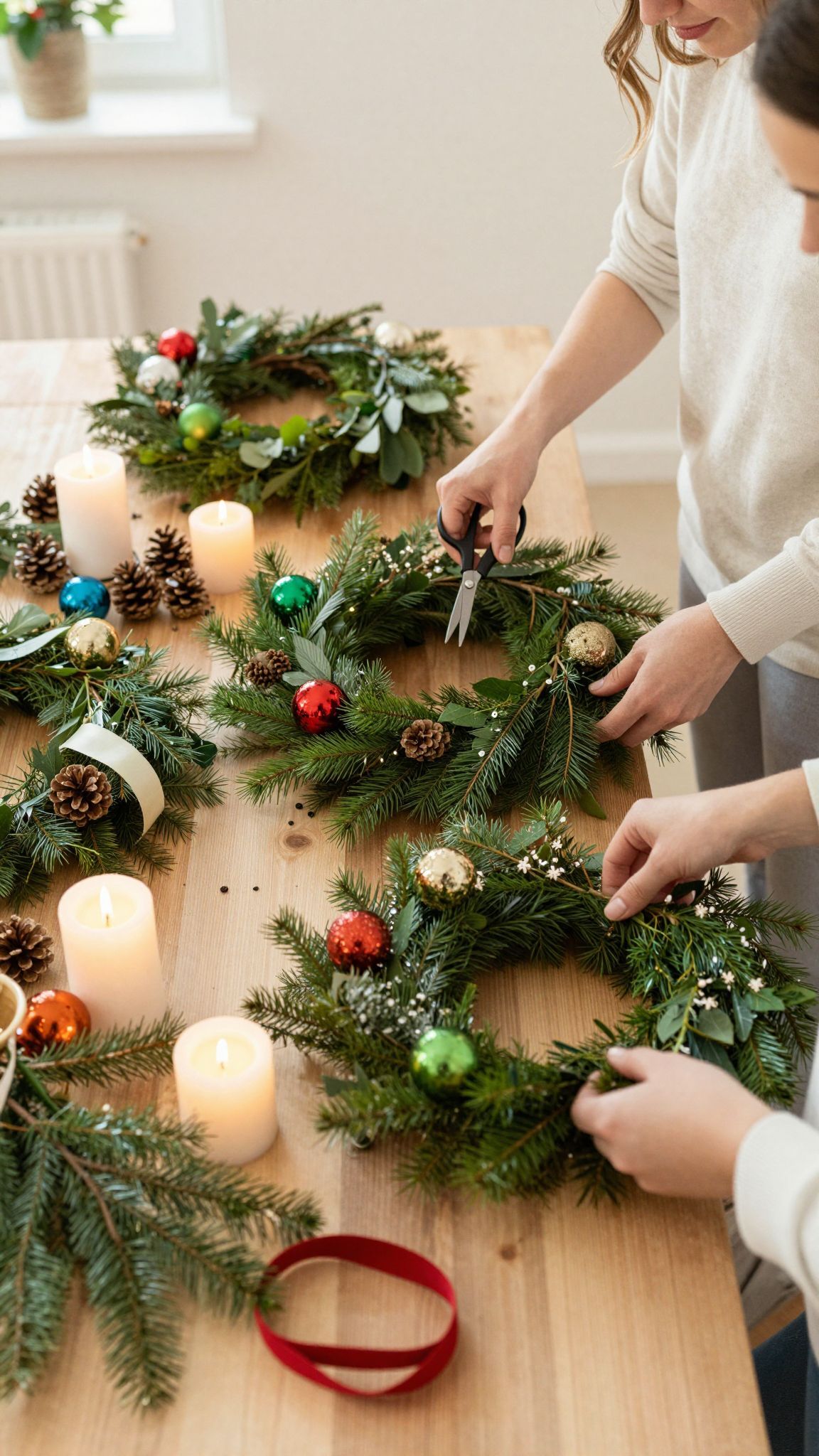 Fenyőágak, gyertyák és dekorációs elemek elengedhetetlenek.
