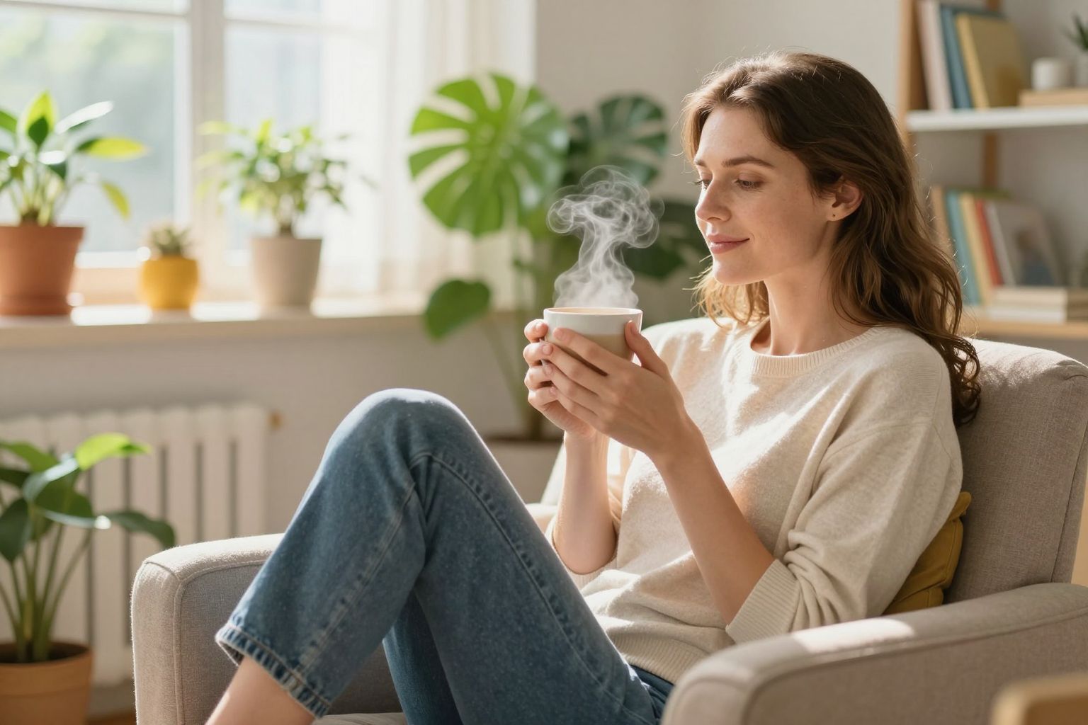 A meleg ital segít a stressz csökkentésében és a pihenésben.