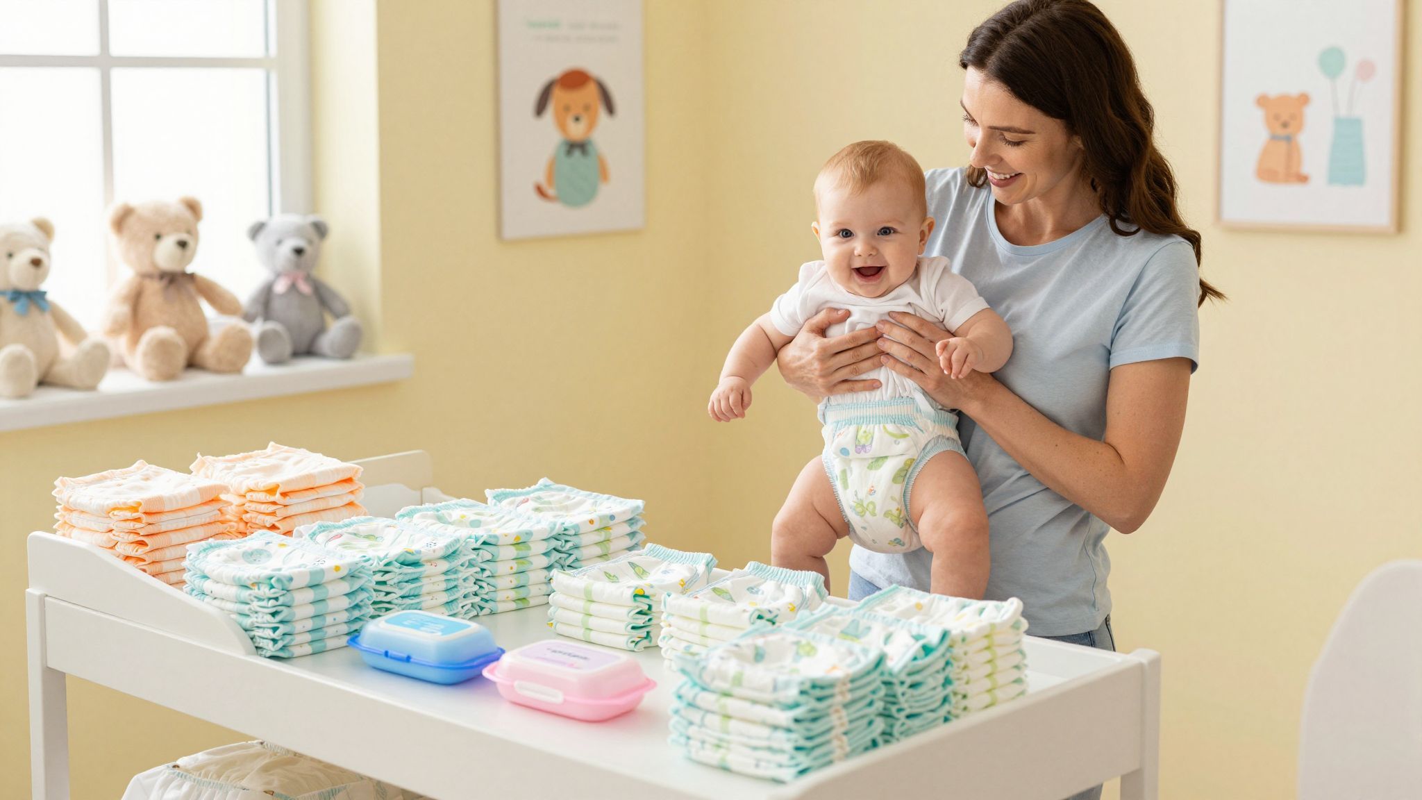 Pelenkázó alátét és vízhatlan táska elengedhetetlen kiegészítők.