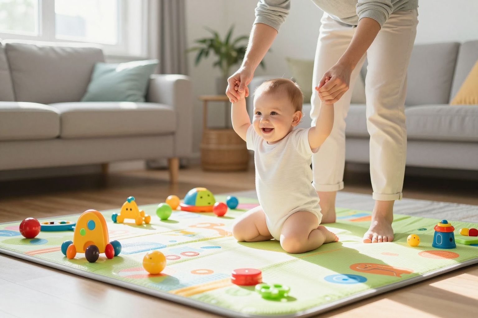 Játékos tanulás segíti a baba mozgásfejlődését otthon.