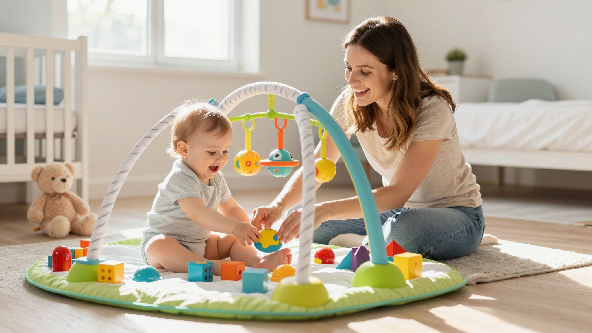 A játékos stimuláció segíti a baba kognitív fejlődését.