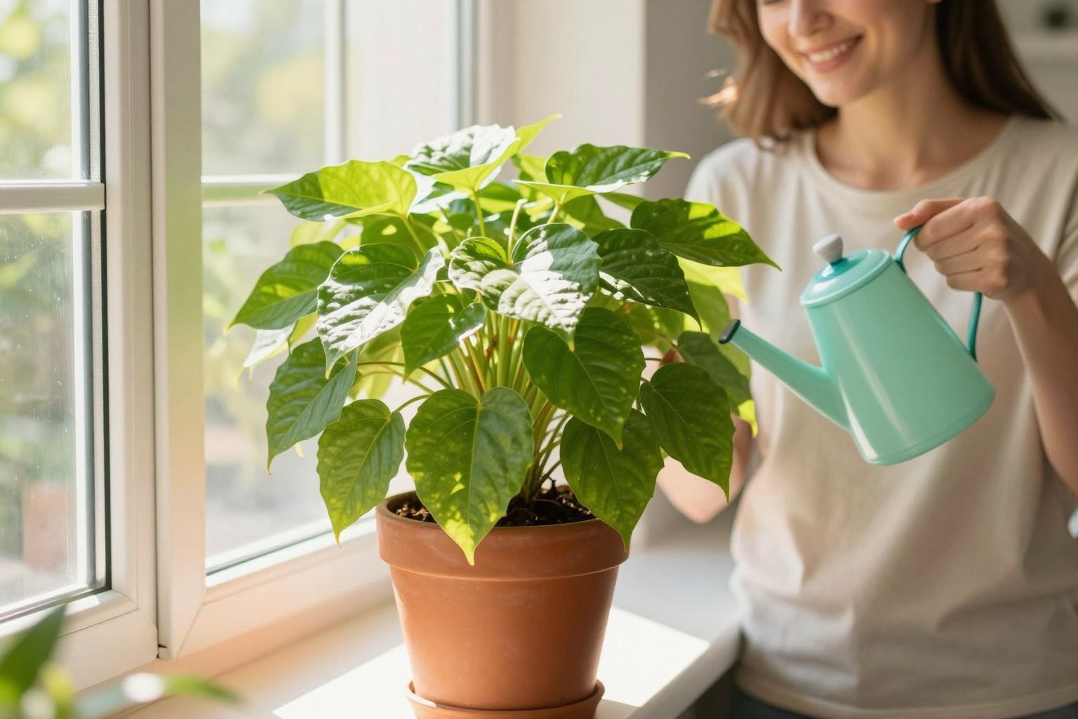 A pilea leveleinek színe a fényviszonyoktól függ.