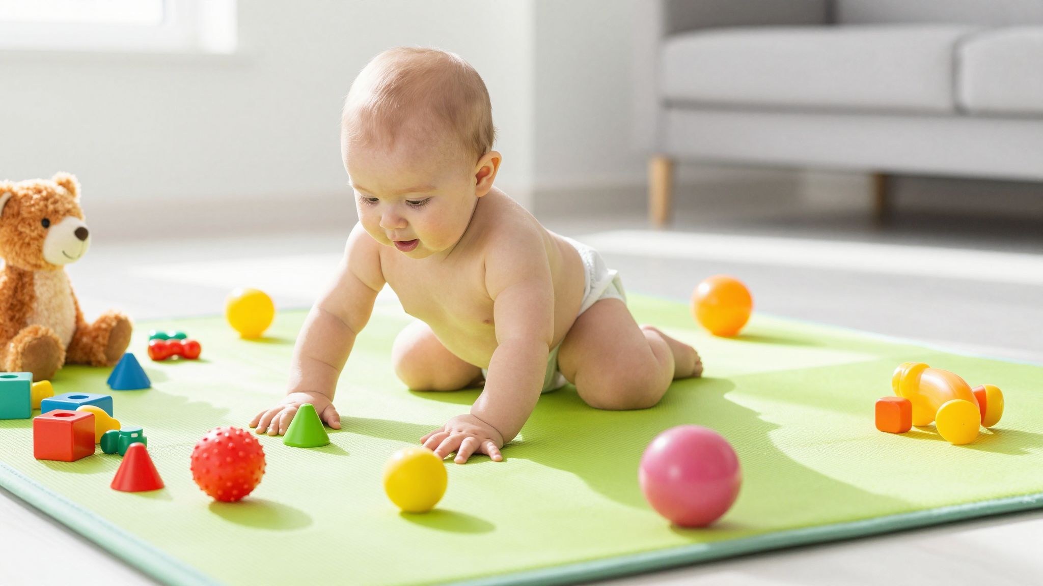 A hetedik hónapban a babák már próbálkoznak mászással.