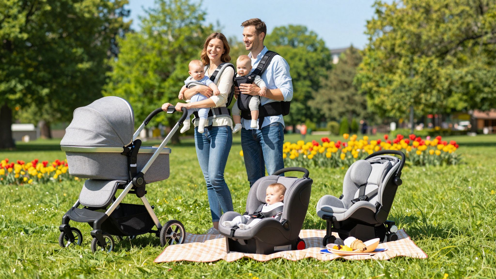 A babakocsi, hordozó és autósülés elengedhetetlen utazáshoz.