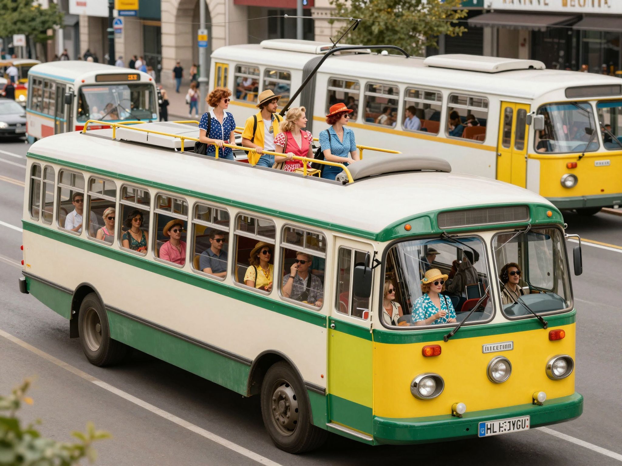 A retró közlekedés élénk színei nosztalgikus hangulatot árasztanak.