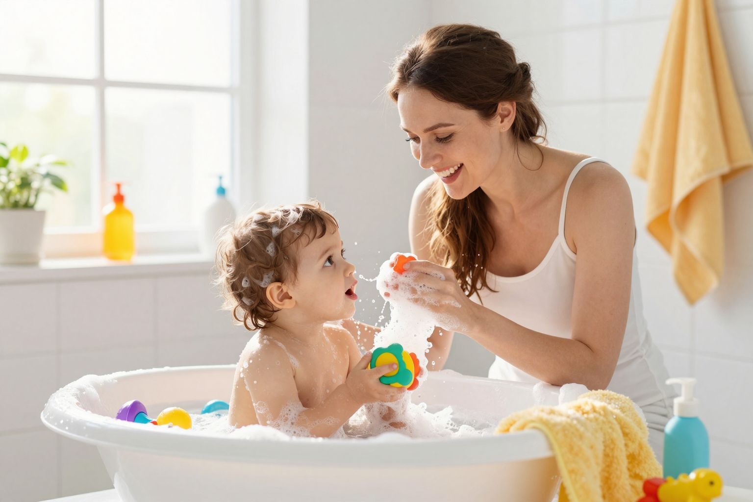 A fürdőrutinban a játékosság segít a relaxációban.