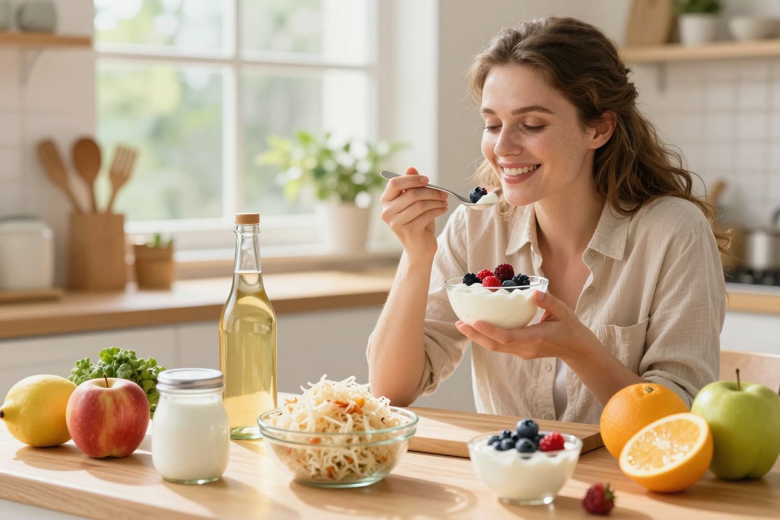 A probiotikumok természetes forrásai: joghurt, kefir, savanyú káposzta.