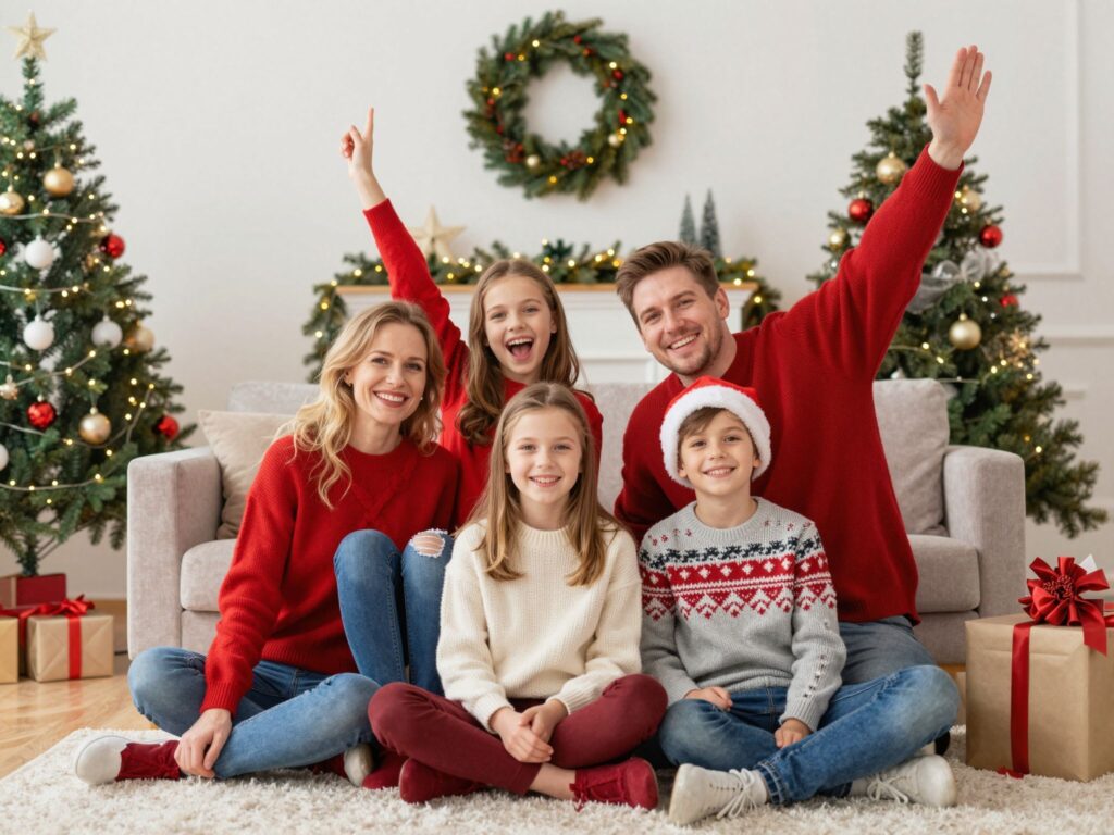 Családi fotózás karácsonykor: összeillő ünnepi ruhák az egész családnak