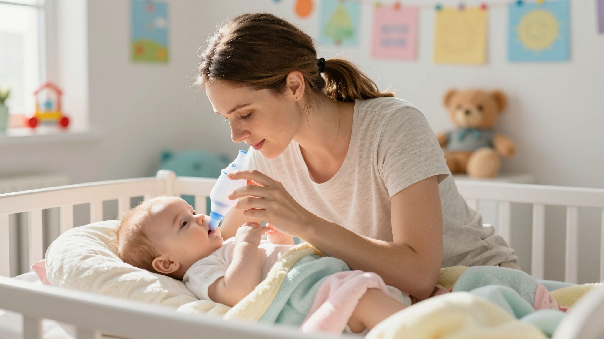 Az orrszívás biztonságos módszere a babák légzésének segítésére.