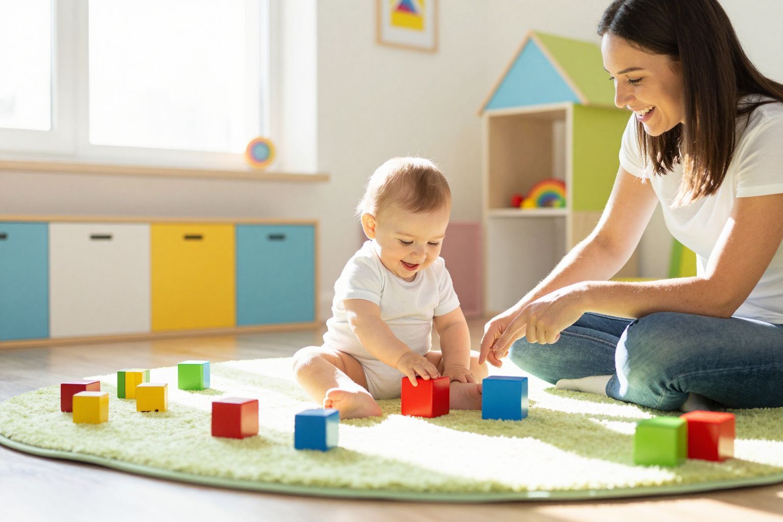 Játékos színes tárgyak segítik a babák színlátását.