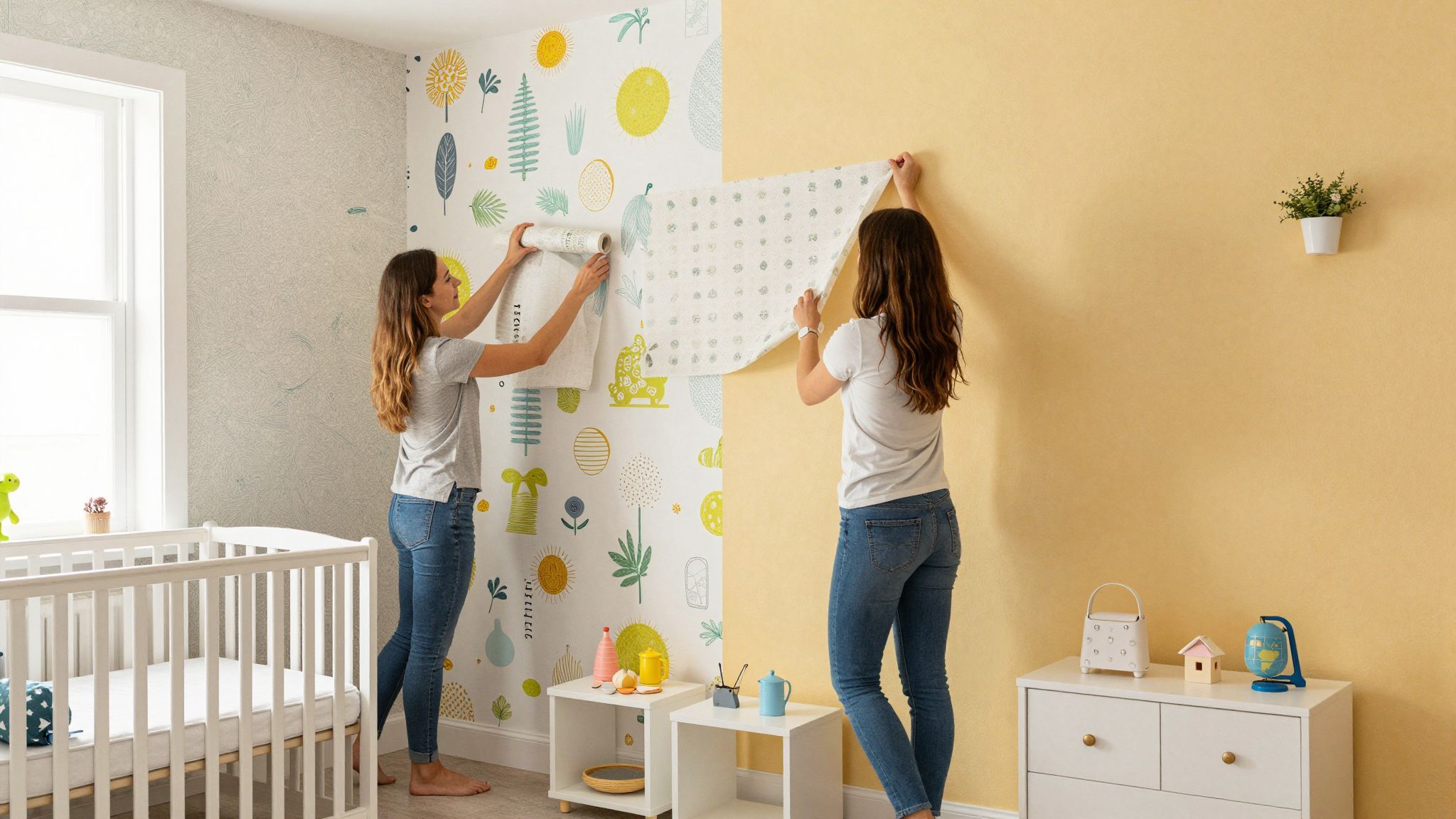 A tapéta mintái varázslatos atmoszférát teremtenek a babaszobában.