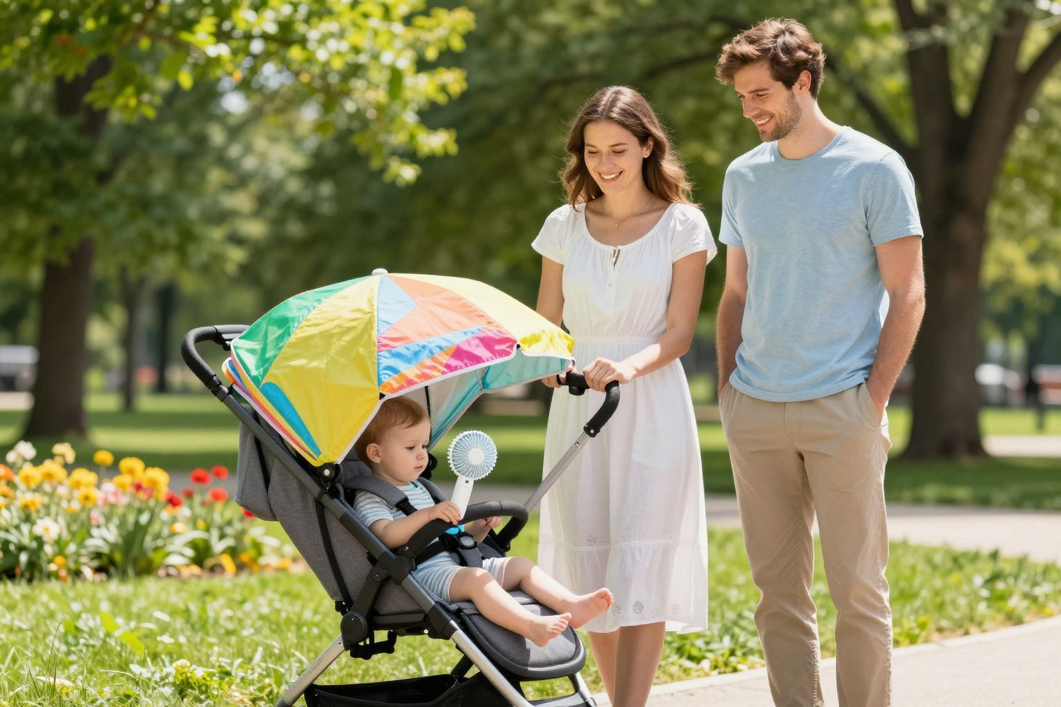 A babakocsi hűtésére árnyékolók és ventilátorok használata javasolt.