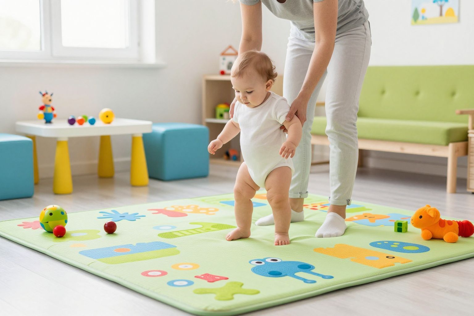 A szoba elrendezése elősegíti a baba magabiztos lépéseit.