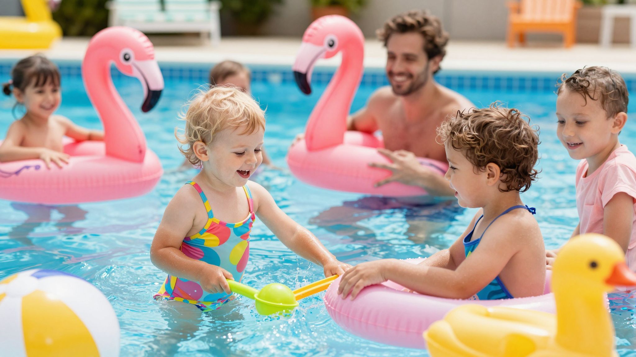 Úszópelenkák és vízi játékok segítik a biztonságos tanulást.