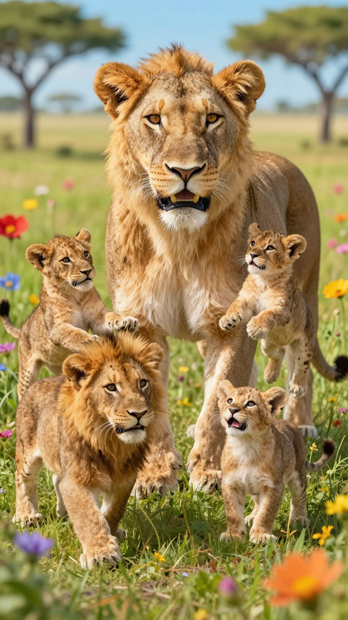 Az Oroszlán anya büszke és védelmező a gyermekeivel.