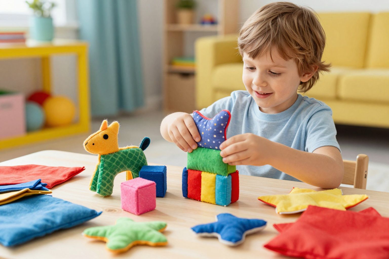 Textilmaradékok kreatív felhasználása színes játékok készítéséhez.