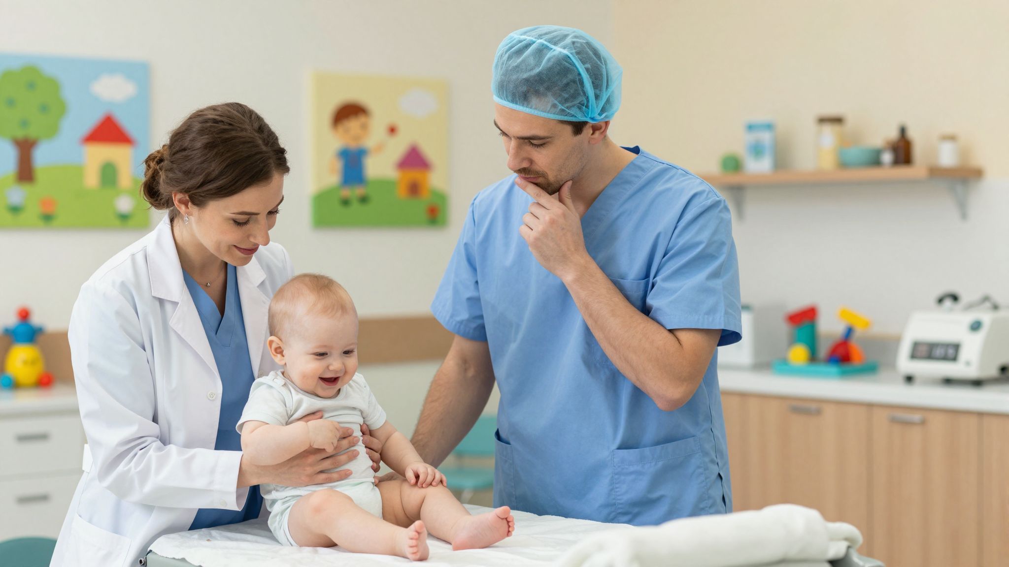 A gyermekorvos és gyermeksebész közösen mérlegelik a kezelést.