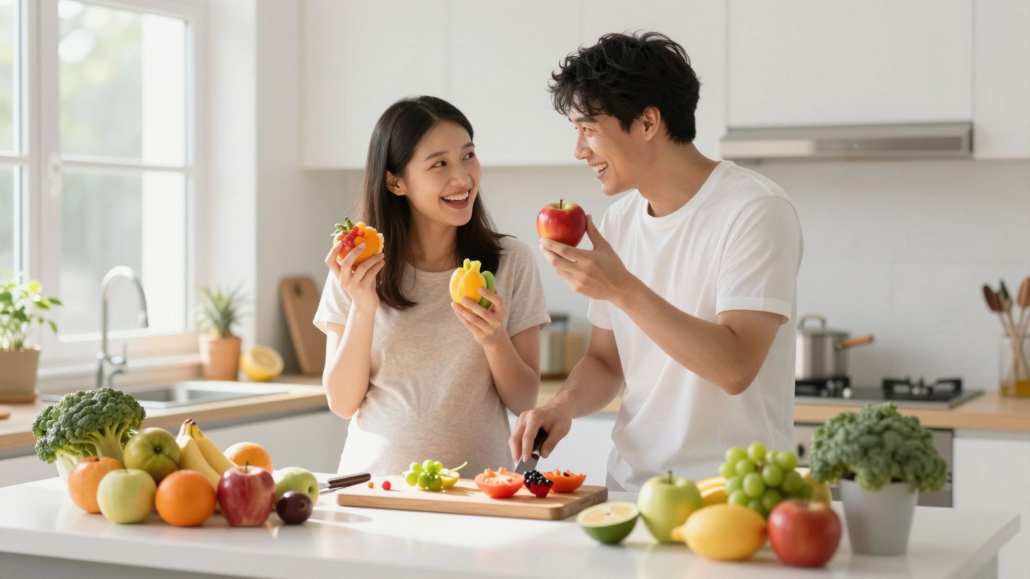 A támogató partner segíthet a várandós nő étkezési szokásain.