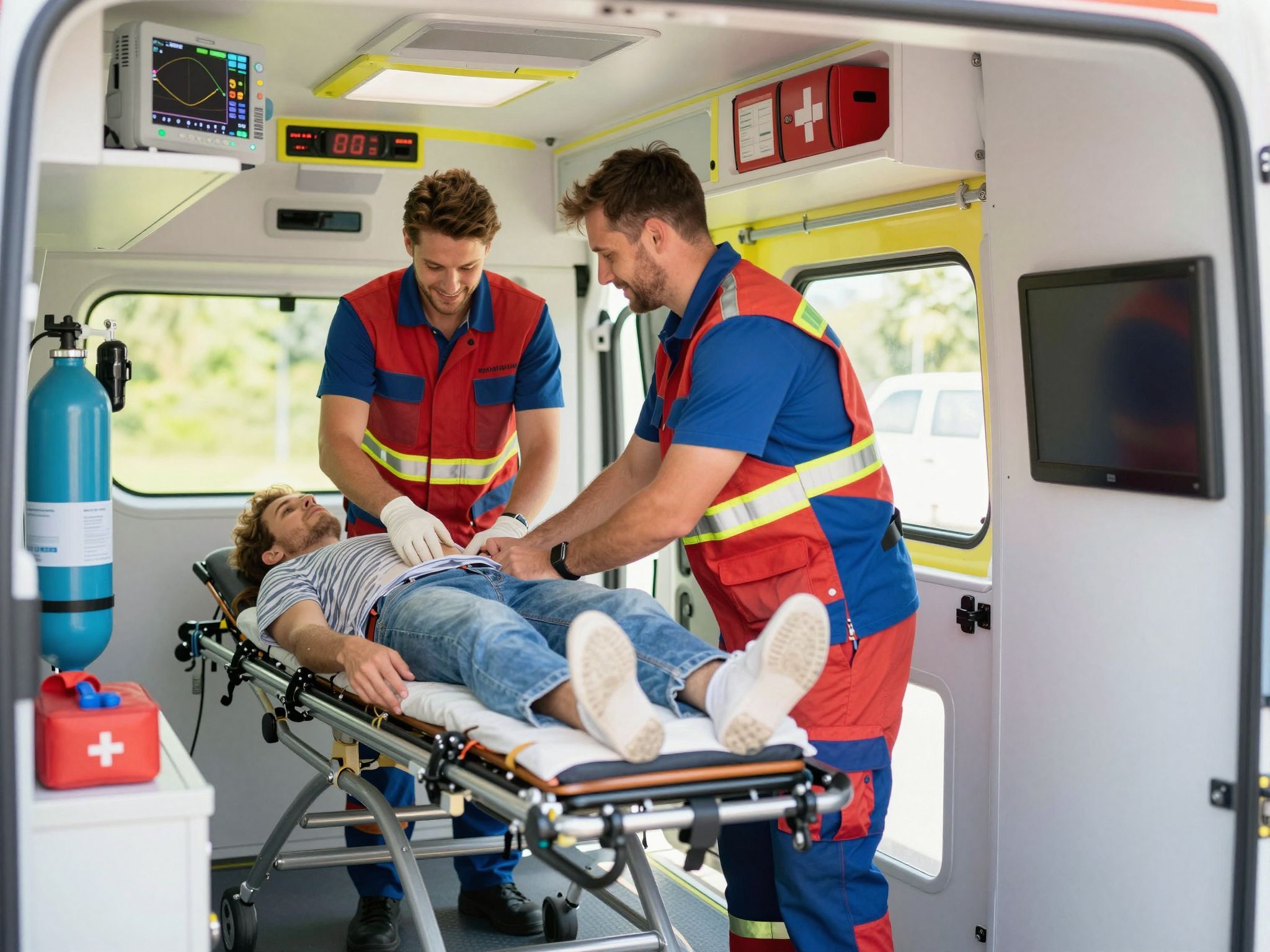 A mentőautó személyzete egészségügyi szakemberekből áll.