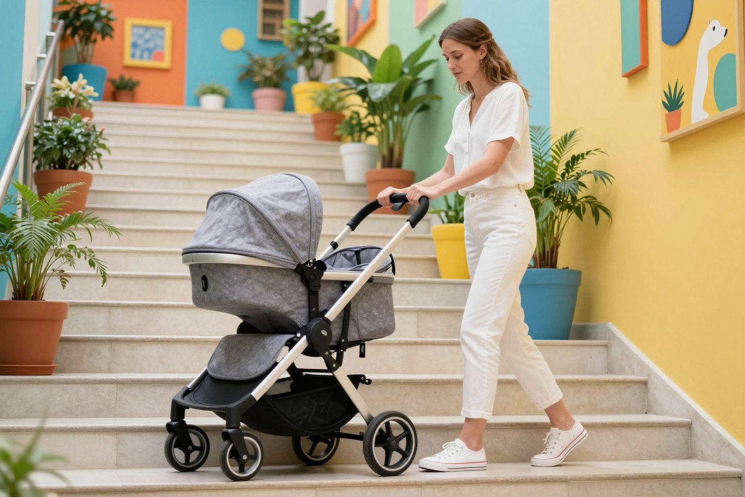 A lépcsőházak gyakran akadályozzák a babakocsik könnyű használatát.