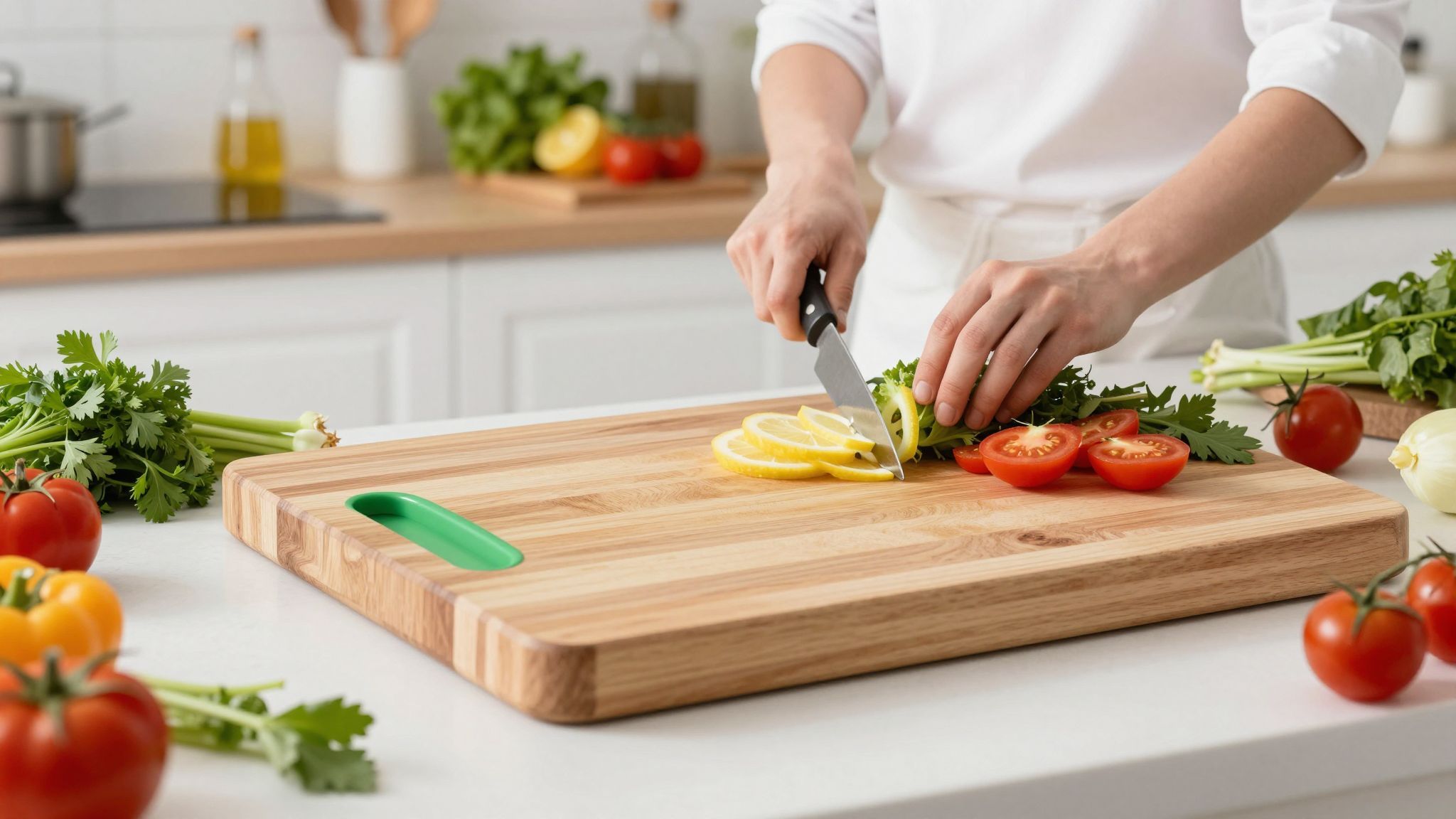 A vágódeszkák színvilága és anyaga növeli a konyha esztétikáját.