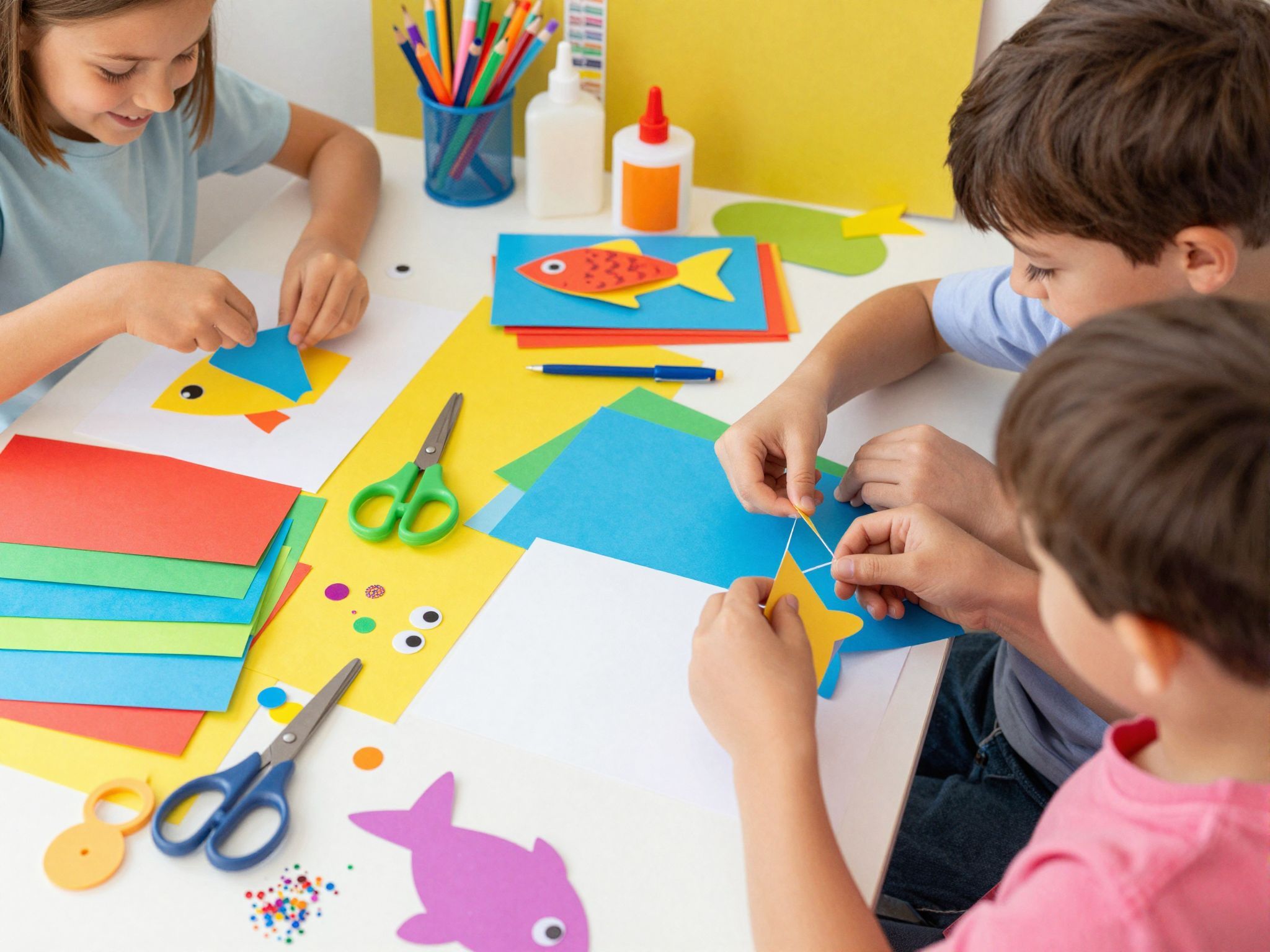 Szükség lesz színes papírokra és ollóra a halacskákhoz.