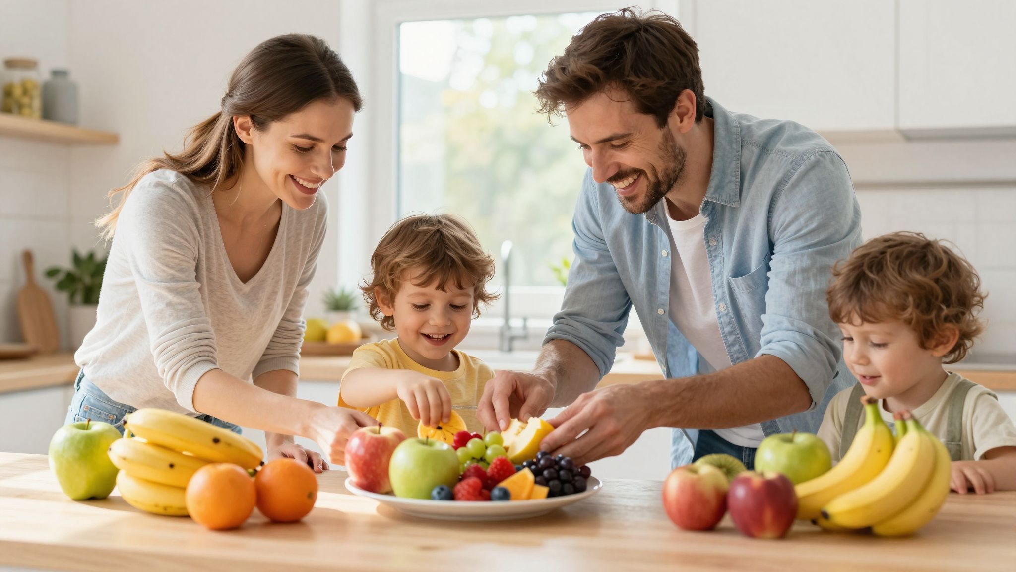 A gyümölcsök színes tálcán vonzóbbak a gyerekeknek.