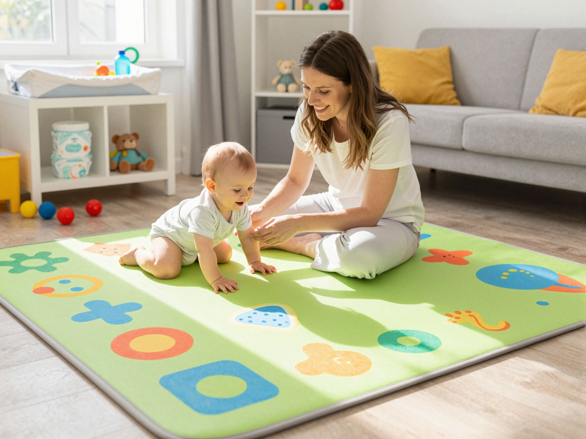 A padló közeli játék stimulálja a babák fejlődését.