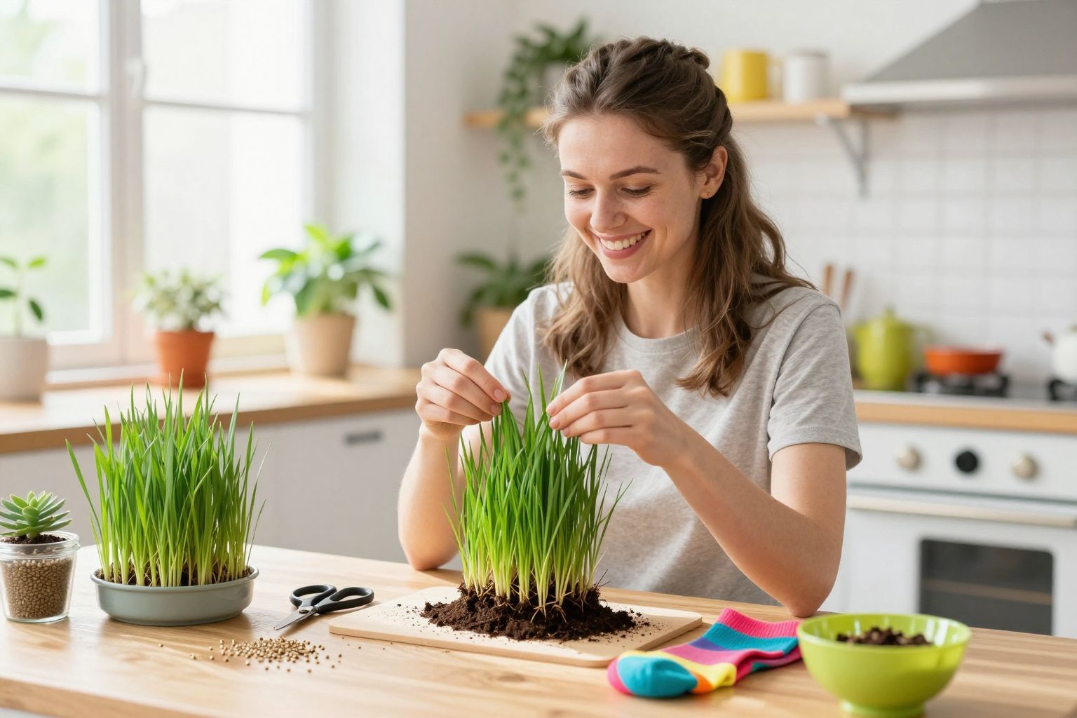Fűfej készítéséhez szükséges anyagok: harisnya és fűmag.