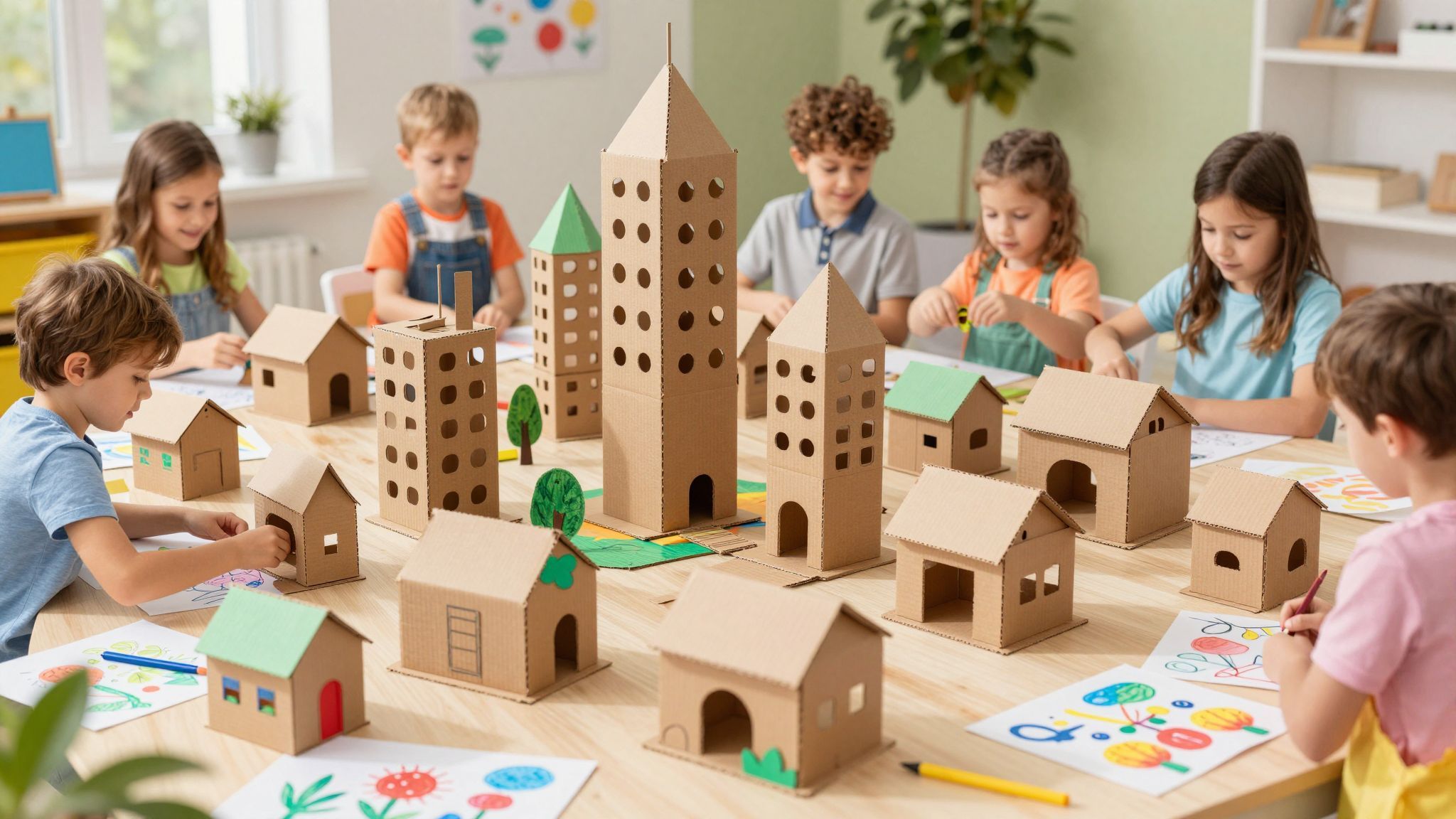 A kartonvárosépítés kreatív módon fejleszti a gyerekek együttműködését.
