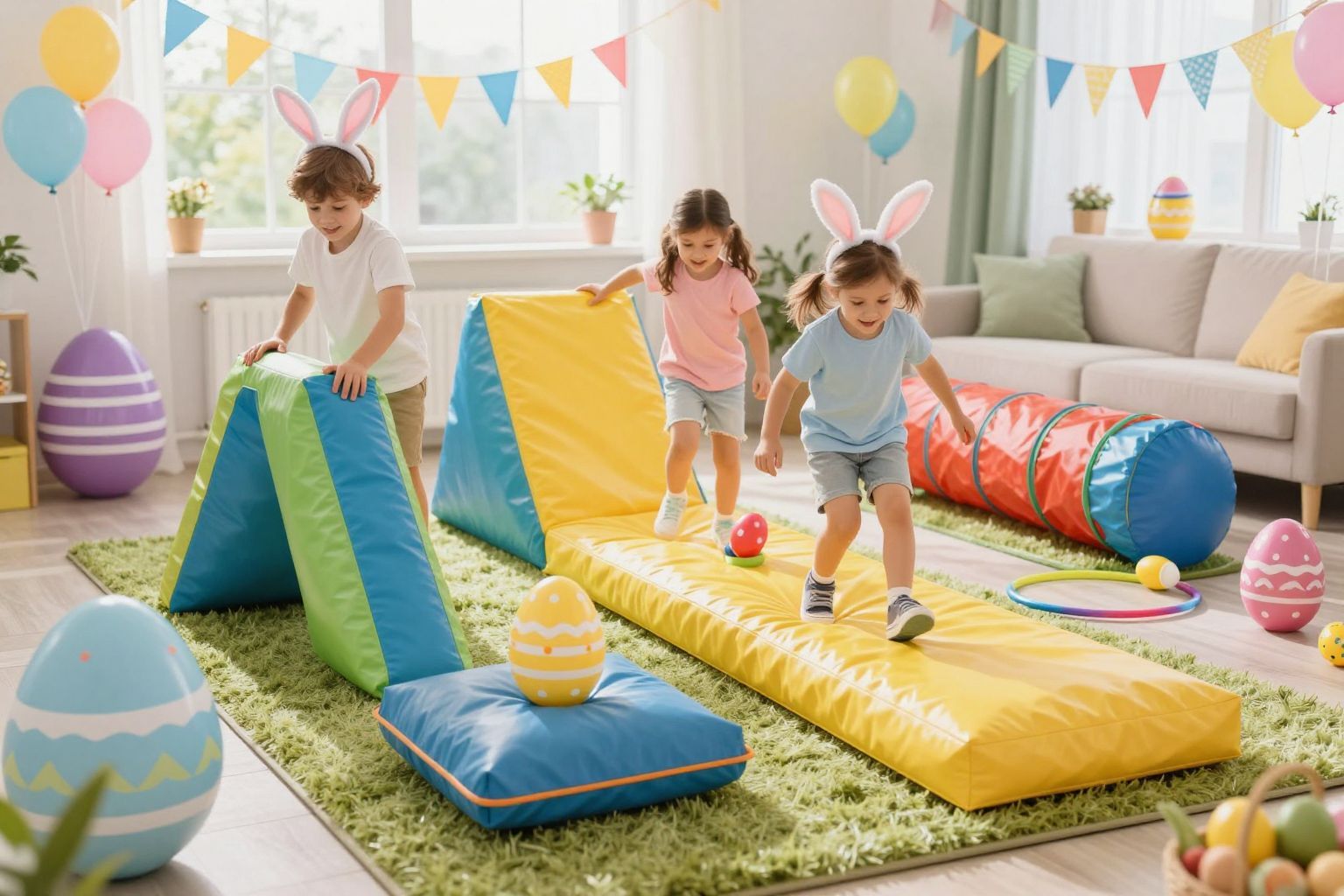 A szobák közötti akadálypálya fejleszti a gyerekek koordinációját.