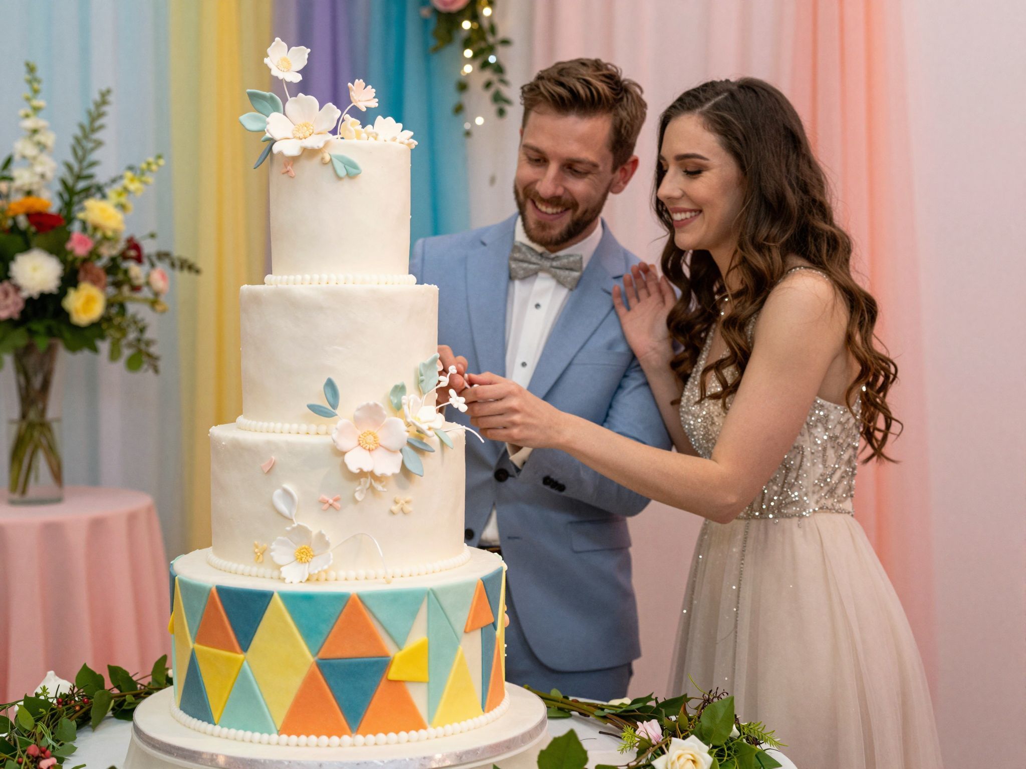 A cukorvirágok bonyolultsága művészi részletességet ad.