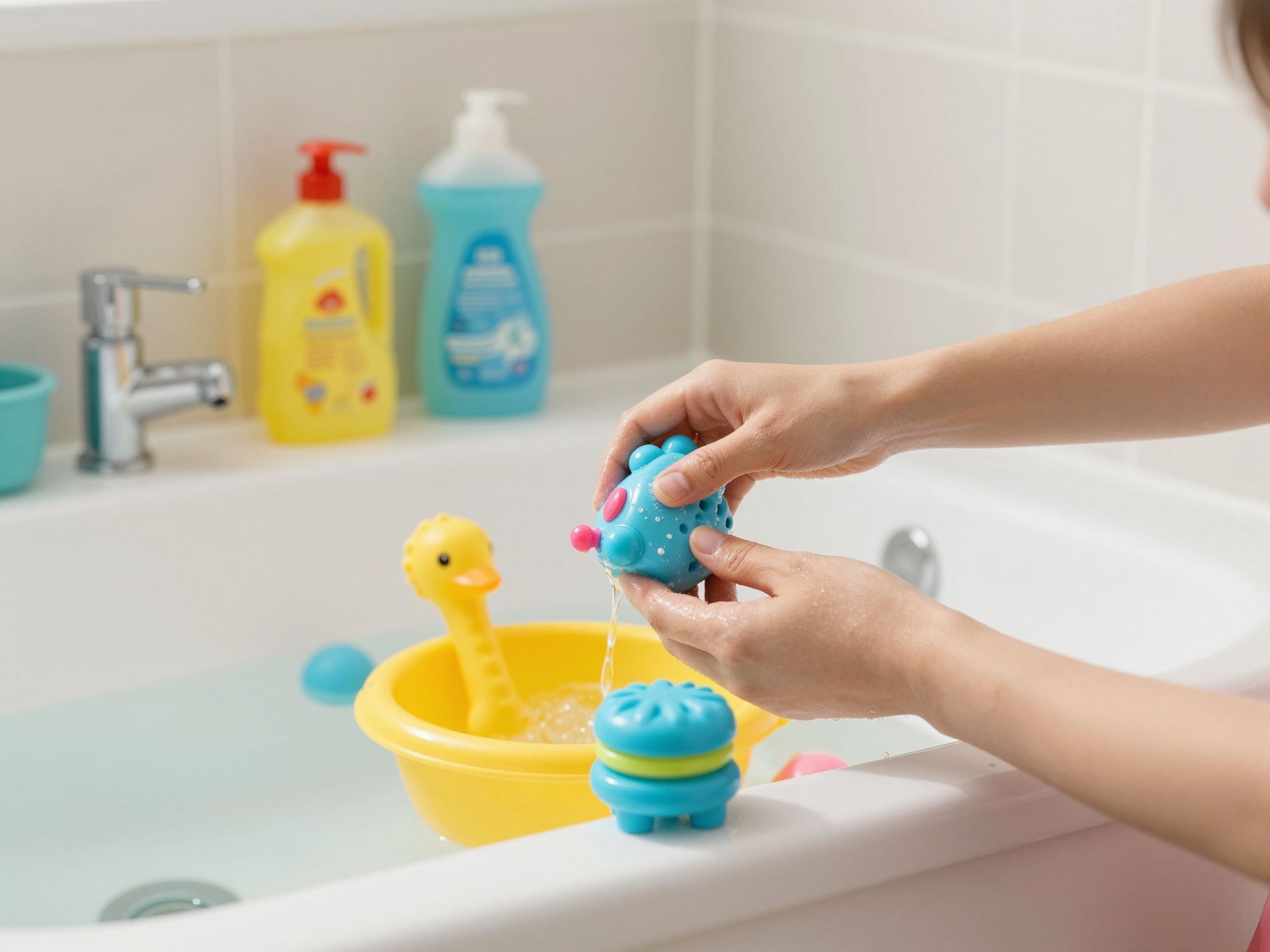 Tisztítsa meg a fürdőjátékokat rendszeresen a baktériumok elkerülésére.