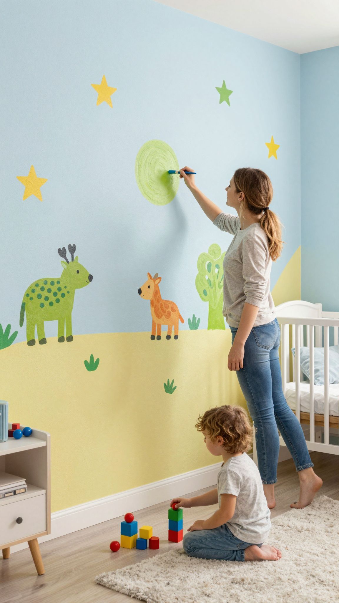 A textúrák egyedi megjelenést kölcsönöznek a babaszobának.