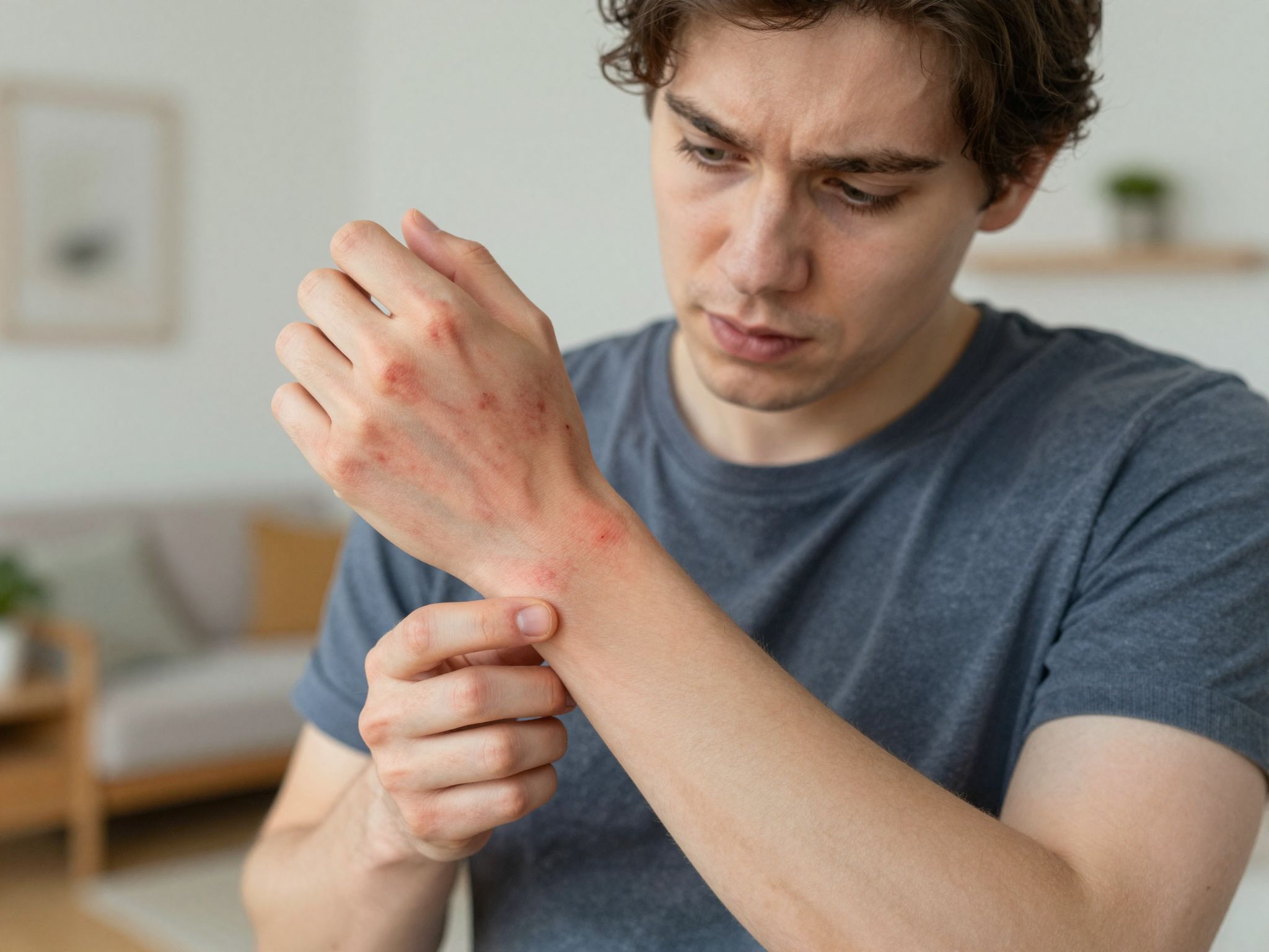 A rüh tünetei: erős viszketés és bőrkiütések.