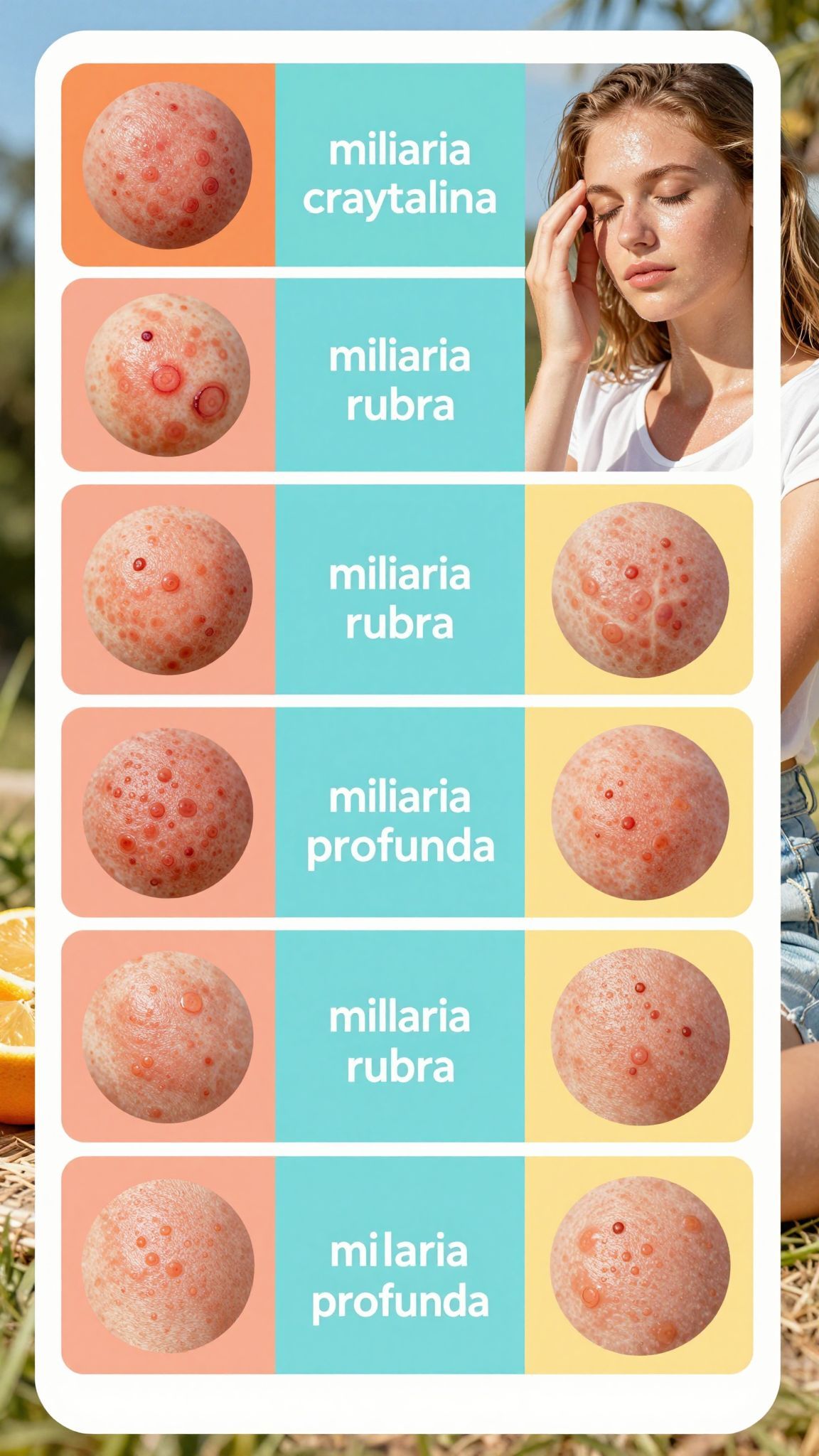 A miliaria típusaiban a bőrszín és a tünetek variálnak.