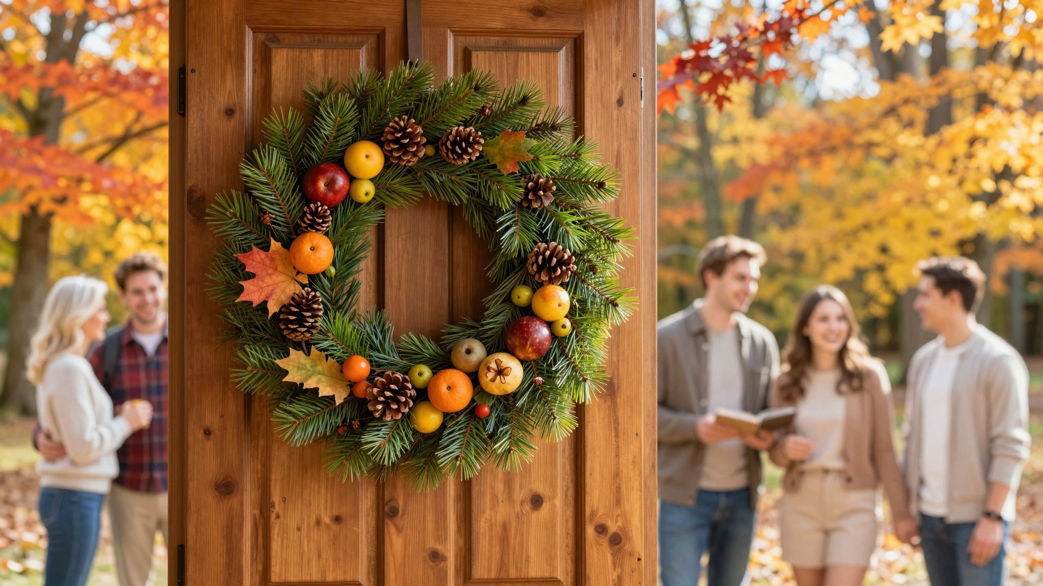 Rusztikus ajtókoszorúk természetes anyagokkal varázsolnak őszi hangulatot.