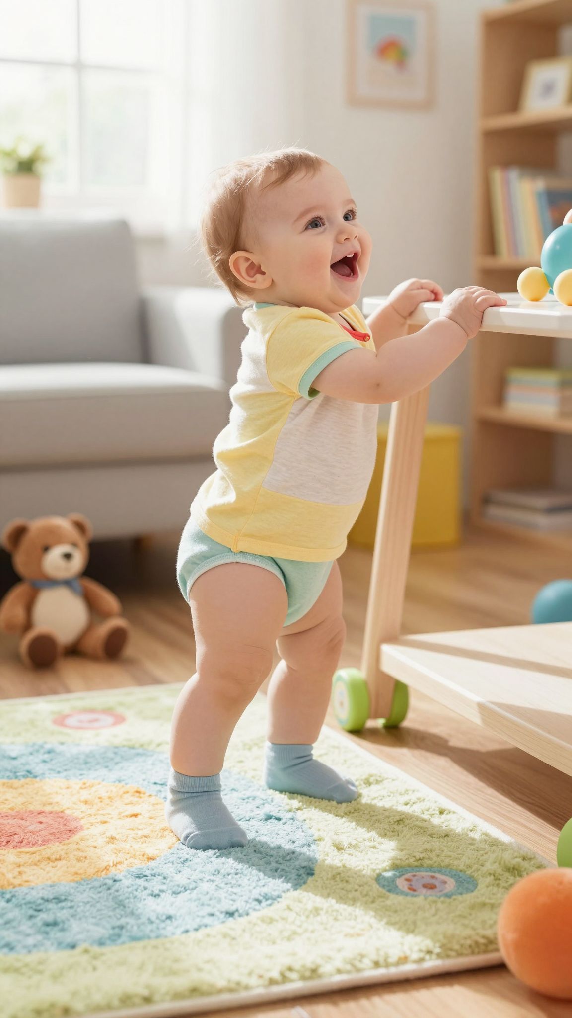 A babák állása fejleszti az egyensúlyérzéküket.