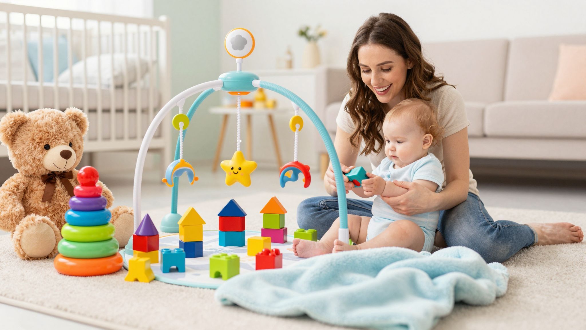 Színes, fejlesztő babajátékok segítik a motoros készségek fejlődését.