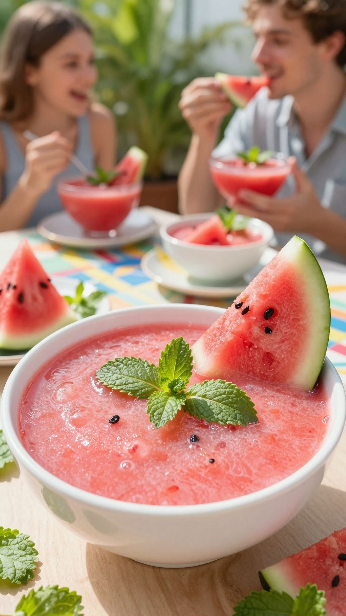 A görögdinnye-menta leves frissítő, édes és egészséges nyári étel.