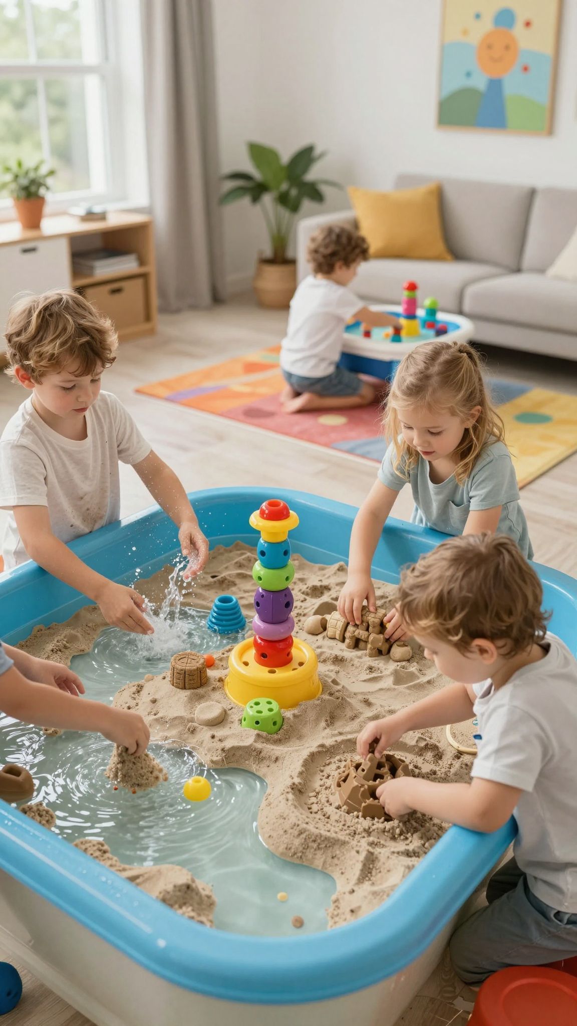 A víz és homok érzékszervi élményt nyújt benti játékhoz.