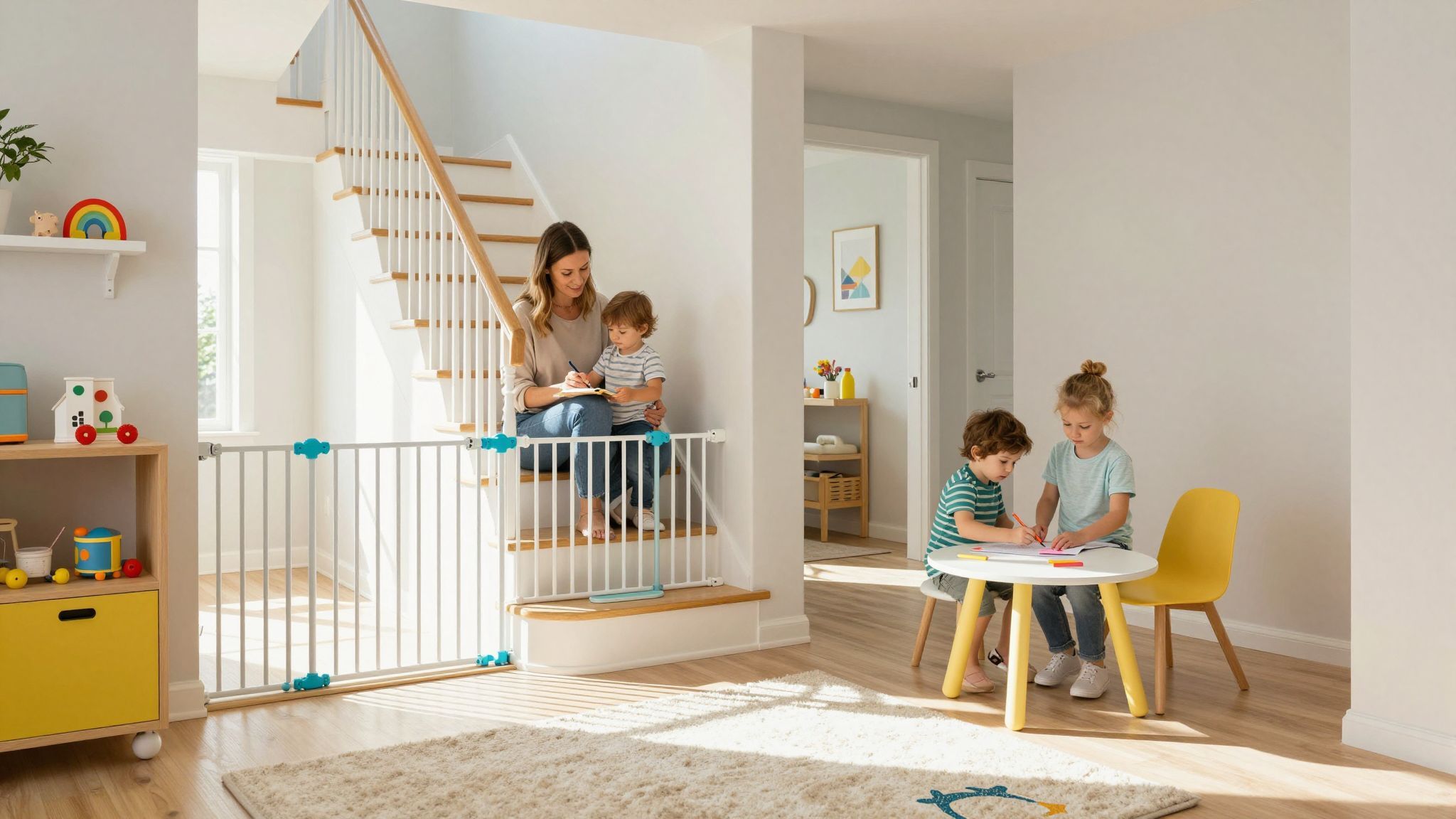 A lépcsőházban csúszásgátló szőnyegek segítenek a biztonságban.