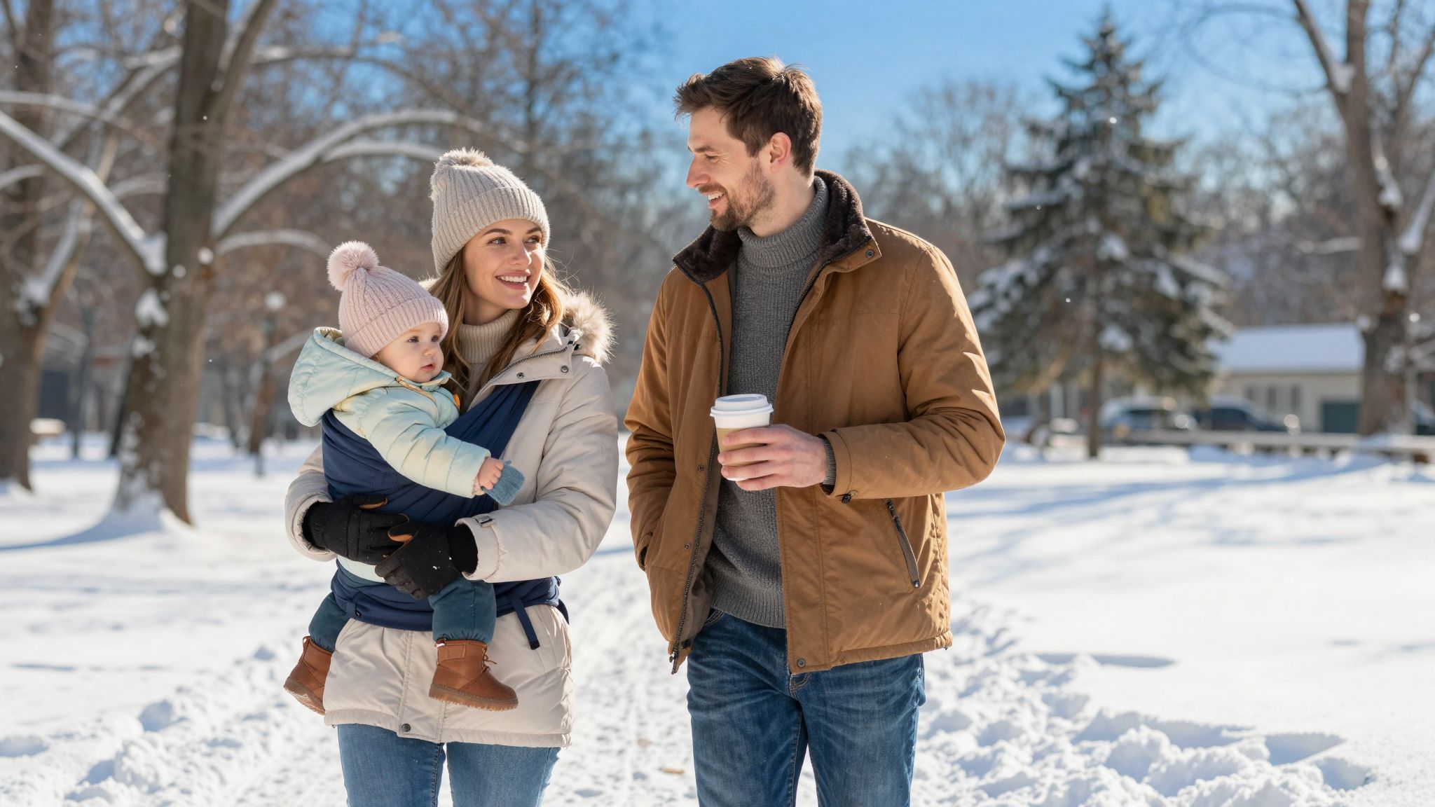 A téli hordozáskor a babának réteges öltözet szükséges.