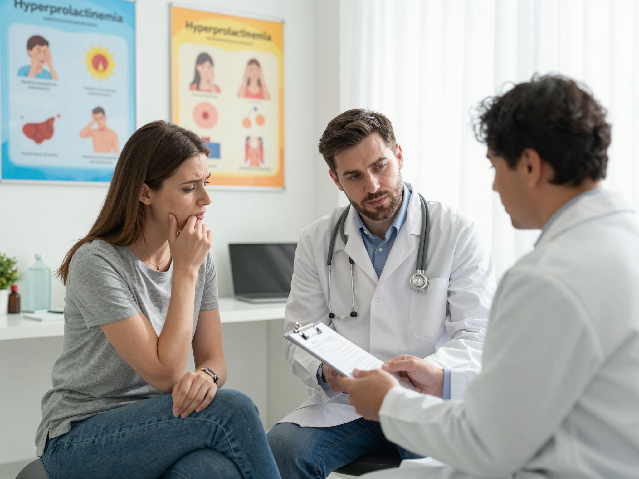 A hiperprolaktinémia gyakori tünetei: menstruációs zavar, tejtermelés.